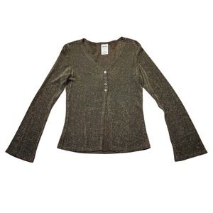 JALATE M Gold Sparkle Knit Button Front Bell Sleeve Top USA Babydoll Whimsigoth